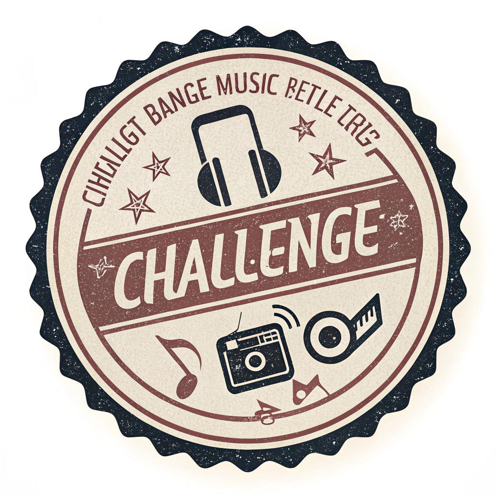 Challenge Stamp Badge: A retro rubber stamp-styled badge with a distressed texture, displaying a challenge-type icon (e.g., dance, music) or play/record symbol for current trends.