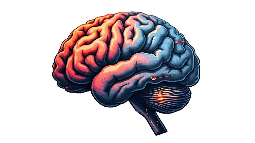 Fragmented brain with digital connections: A brain appearing to be composed of both organic sections and digital blocks or pixelated parts, with glowing lines of code or circuit traces bridging the gaps, representing the fusion of fragmented elements.