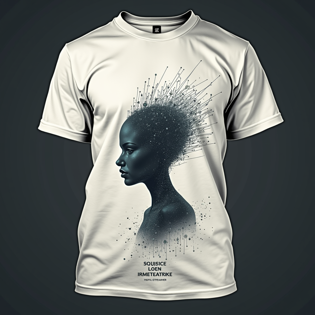 The Shirt as a Canvas: A design where the T-shirt fabric itself appears to be the canvas. A subtle, almost invisible AI entity (e.g., faint circuit lines, a stylized eye) is shown 'thinking' or 'projecting' art directly onto the shirt, with the warning text as a playful disclaimer.