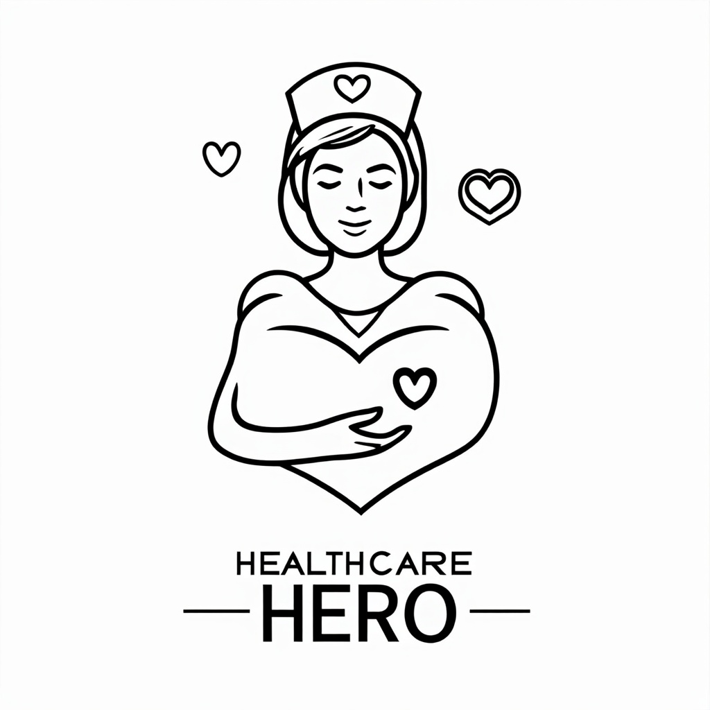 Simple Logo Idea for 'Healthcare Hero Nurse': Logo incorporating a stylized human figure representing a nurse, merged with a heart symbol and a small 'HERO' badge element. Text 'Healthcare Hero' or 'Nurse Hero' accompanies the graphic.