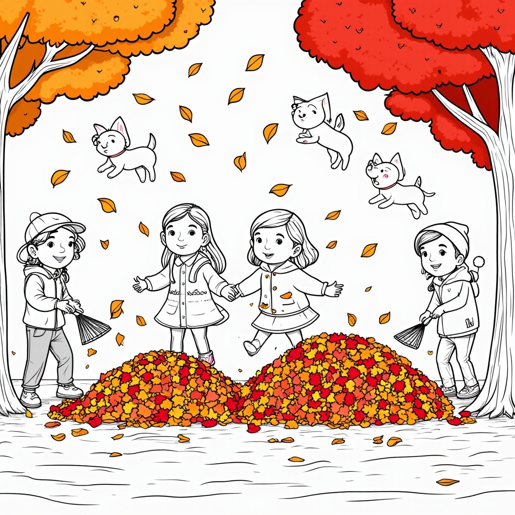 A tranquil fall scene with children raking leaves into large piles, as playful dogs leap joyfully into the air, catching the leaves against a backdrop of vibrant red and orange trees.