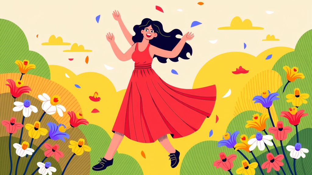 The image is an illustration of a young woman in a red dress dancing in a field of colorful flowers. She has long dark hair and is smiling widely with her arms stretched out to the sides. The background is filled with yellow and orange flowers, green leaves, and a blue sky with white clouds. The overall mood of the image is joyful and carefree.