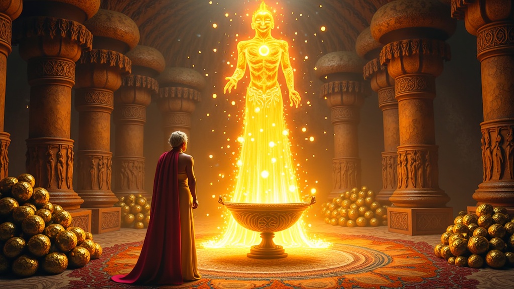 A scene set within a treasure-filled cave or a sultan's grand chamber, where the lamp has been rubbed. The Djinn emerges, towering and awe-inspiring, casting an otherworldly glow on the surroundings and the astonished human figure who summoned it.