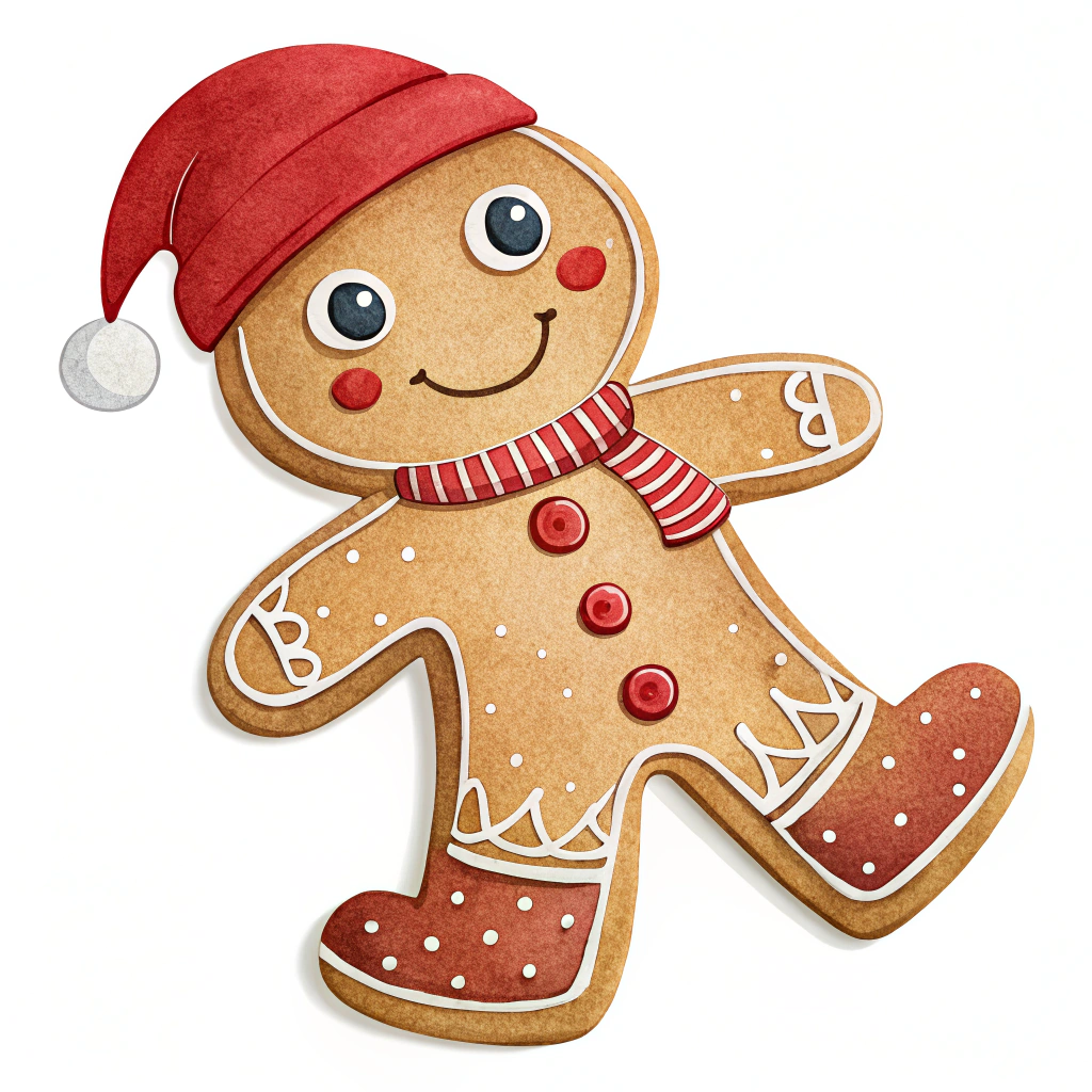 The image shows a gingerbread man wearing a red hat and scarf, set against a white background. The gingerbread is decorated with colorful icing and sprinkles, giving it a festive look. The hat is a bright red color with a white pom-pom on the top, and the scarf is a deep red with white polka dots. The man has a friendly expression on his face, and his eyes are twinkling with joy.