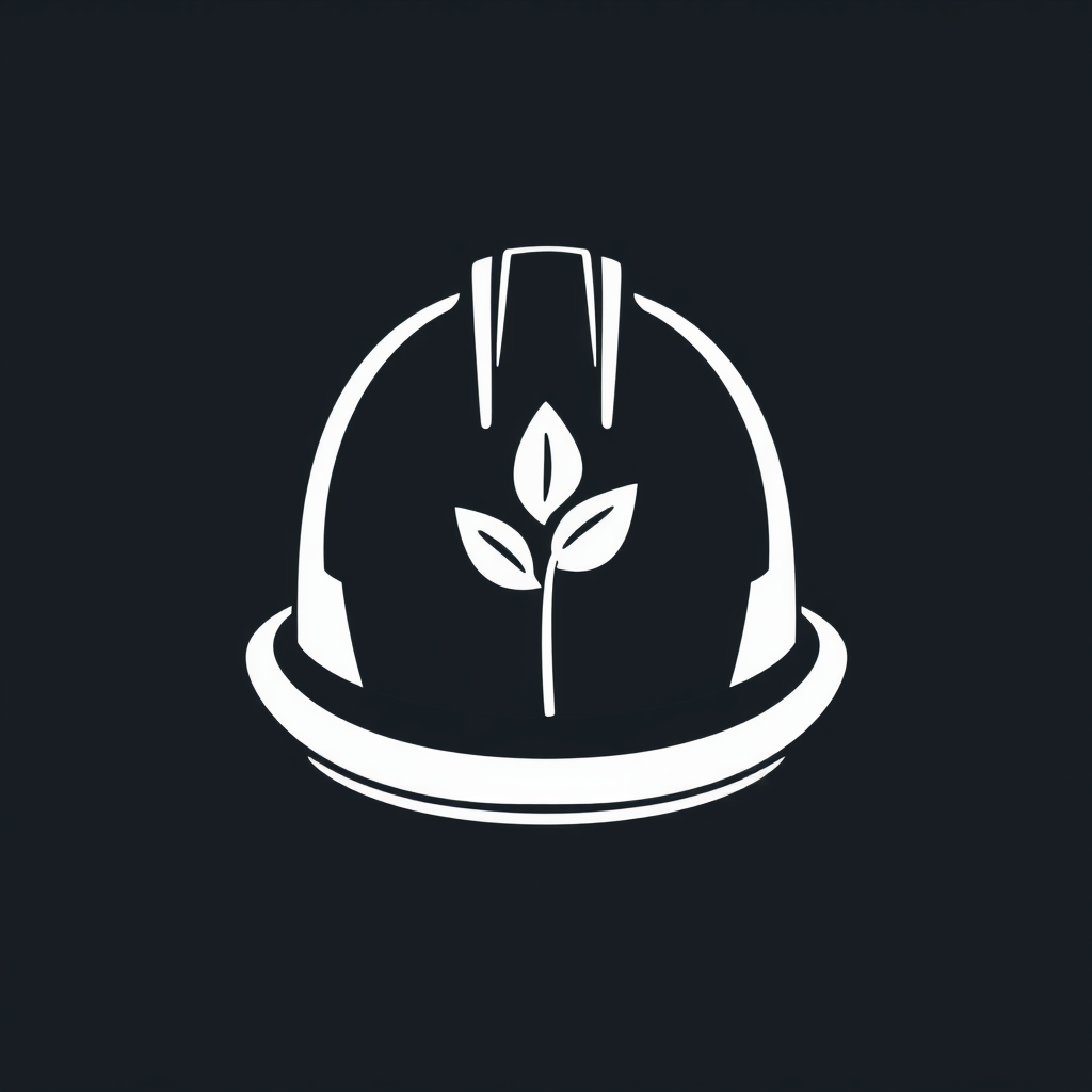 Hard hat icon where the brim line smoothly transitions into the stem and shape of a small leaf.