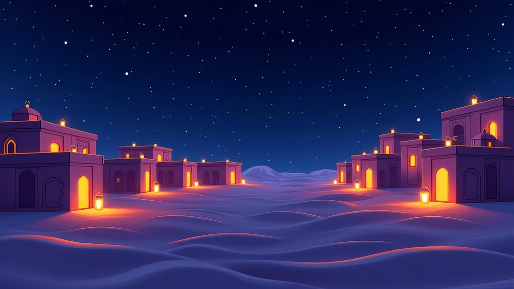 A scene capturing the silence and serenity of the night. The carpet glides smoothly, almost blending with the starry sky, while the desert city twinkles with subtle lights from windows and lanterns.