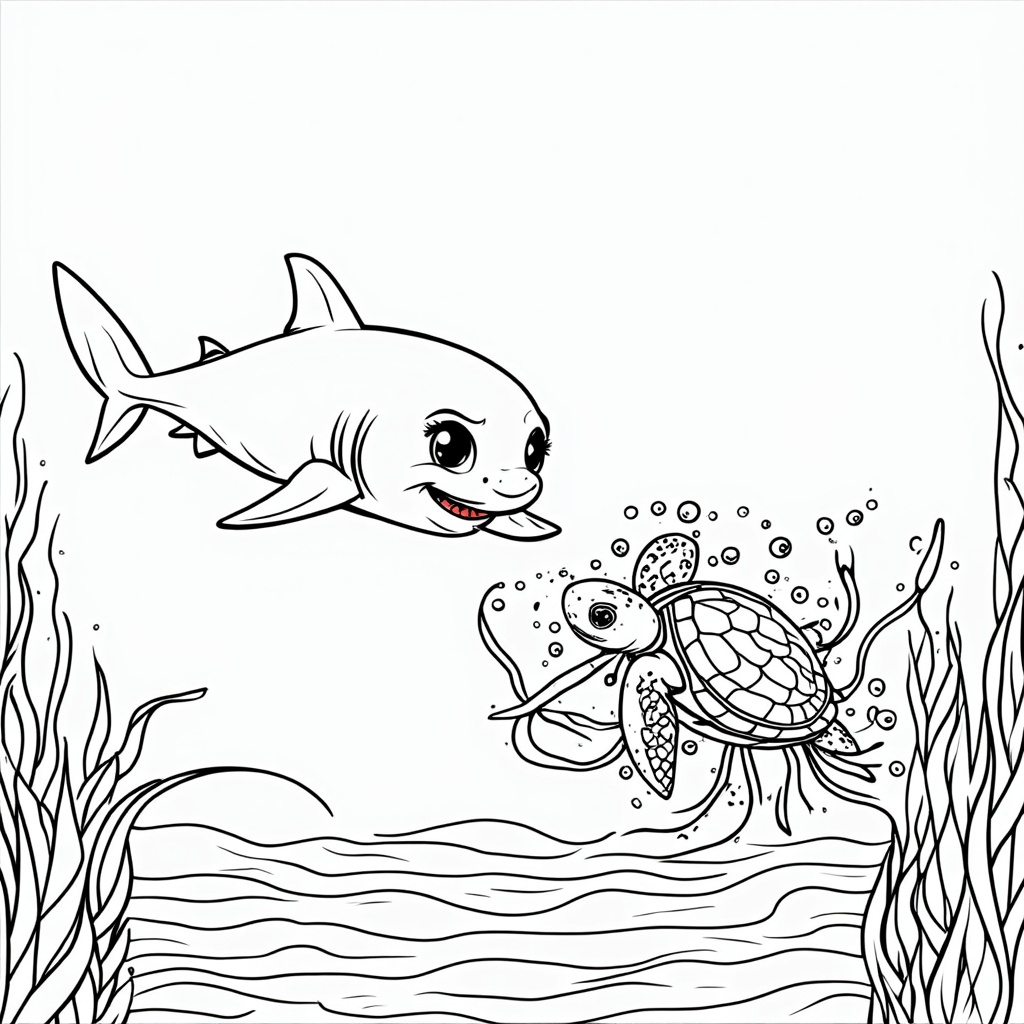 A brave baby shark heroically helping untangle a sea turtle caught in a mass of seaweed, displaying empathy and courage.