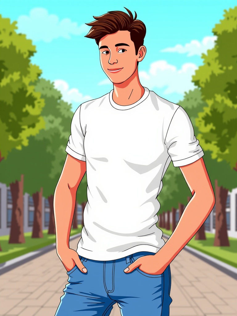 The image is an illustration of a young man standing on a sidewalk in a park. He is wearing a white t-shirt and blue jeans. He has short, dark hair and is smiling at the camera. His hands are in his pockets and he is standing with his legs slightly apart. The background shows trees and buildings on either side of the sidewalk. The sky is blue and the overall mood of the image is cheerful and relaxed.