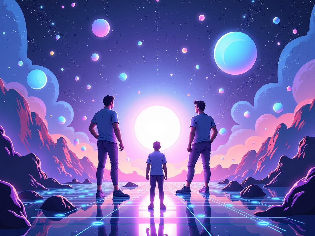 Beyond the Horizon - New Frontiers: Craft illustrations conveying depth and exploration. Picture developers gazing onto a vast, abstract digital landscape filled with floating geometric structures, uncharted territories, and pathways of light, representing emerging technologies and undiscovered future possibilities.