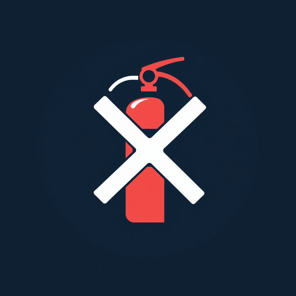 A minimalist fire extinguisher with a bold 'X' over it, signifying 'fire stop'.