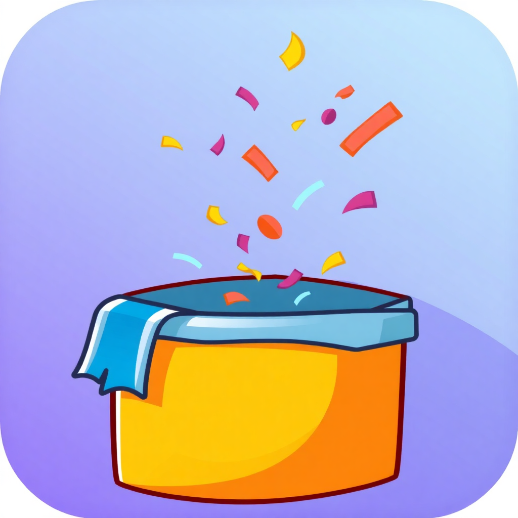 A playful icon showing a gift box slightly open, with confetti popping out to illustrate the joy of unwrapping a present.