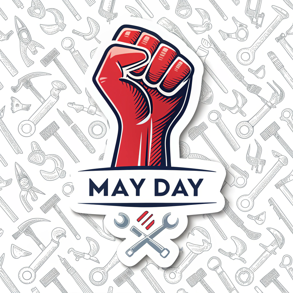 A stylized raised fist in a vibrant color, set against a repeating pattern of smaller, monochrome worker's tools. The fist could appear to be emerging from or overlaying this tool background. Text 'MAY DAY' in a modern, impactful typeface.