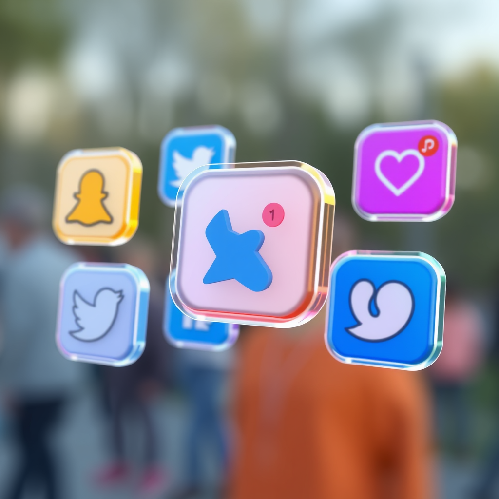 AR social media icons with notification badges that dynamically scale, animate, or reveal more detail (e.g., notification snippets) based on user proximity and gaze in the augmented reality environment.