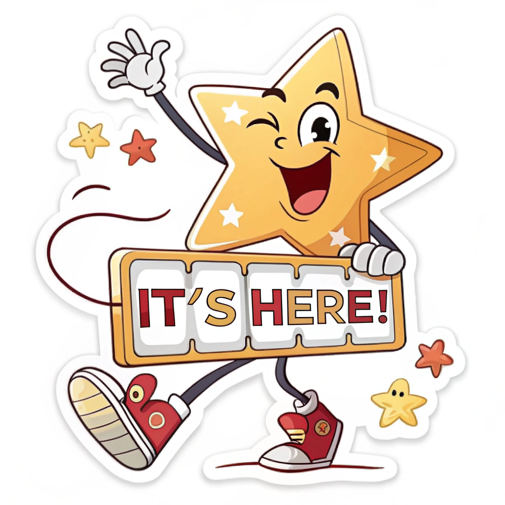 Playful Animated Character Sticker: A cute animated character (e.g., a bouncing star, a winking clock) interacts with the countdown numbers. When the announcement is revealed (e.g., 'It's Here!'), the character performs a celebratory animation. Great for fun, lighthearted content.