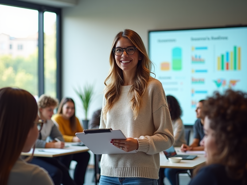 A teacher with an amiable expression stands in front of a smart board, holding a clipboard with charts. The classroom is modern and tech-equipped, with students eagerly taking notes on laptops.