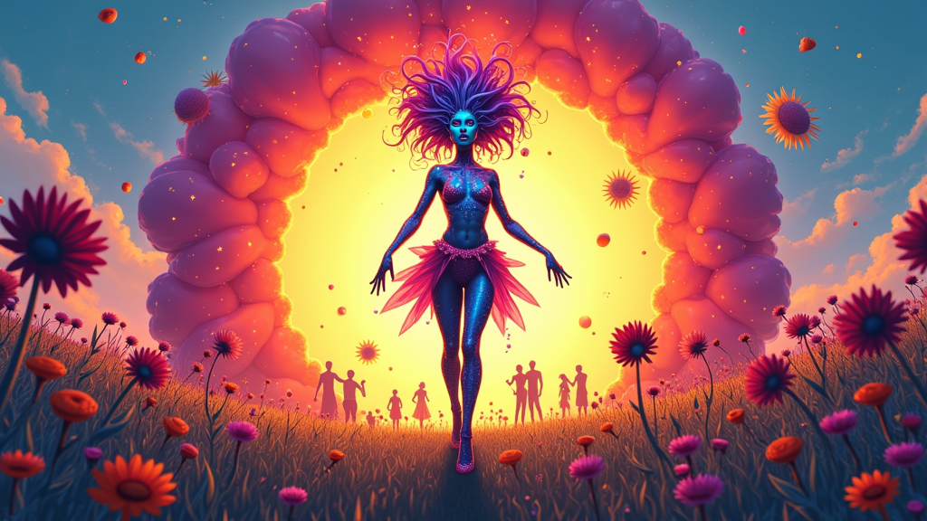 A character-focused illustration showing a whimsical or futuristic figure (e.g., a cosmic spirit, an alien DJ) stepping through a vibrant portal into an energetic meadow. The meadow is filled with oversized daisies and silhouettes of dancing people, capturing the carnival atmosphere.