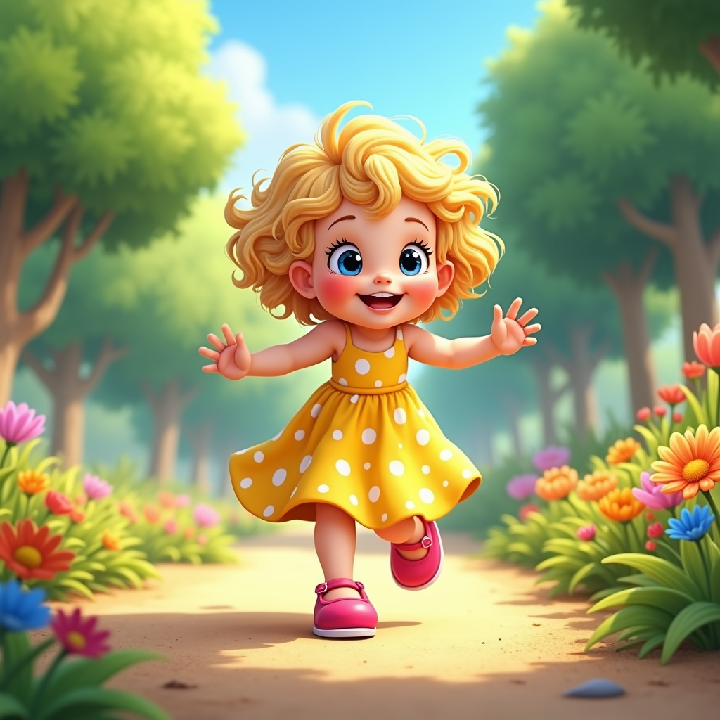 The image is a digital illustration of a little girl with blonde curly hair and blue eyes. She is wearing a yellow dress with white polka dots and pink shoes. She has a big smile on her face and her arms are stretched out to the sides, as if she is dancing or waving. The background is a garden with colorful flowers and trees. The sky is blue and there are a few clouds in the sky. The overall mood of the image is cheerful and playful.