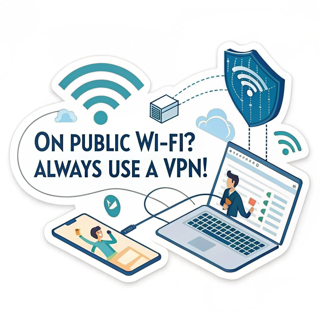 Sticker Design: A split visual – one side showing data flowing openly from a laptop on public Wi-Fi, the other side showing the data protected by a VPN shield. Text: 'On Public Wi-Fi? Always Use a VPN!'