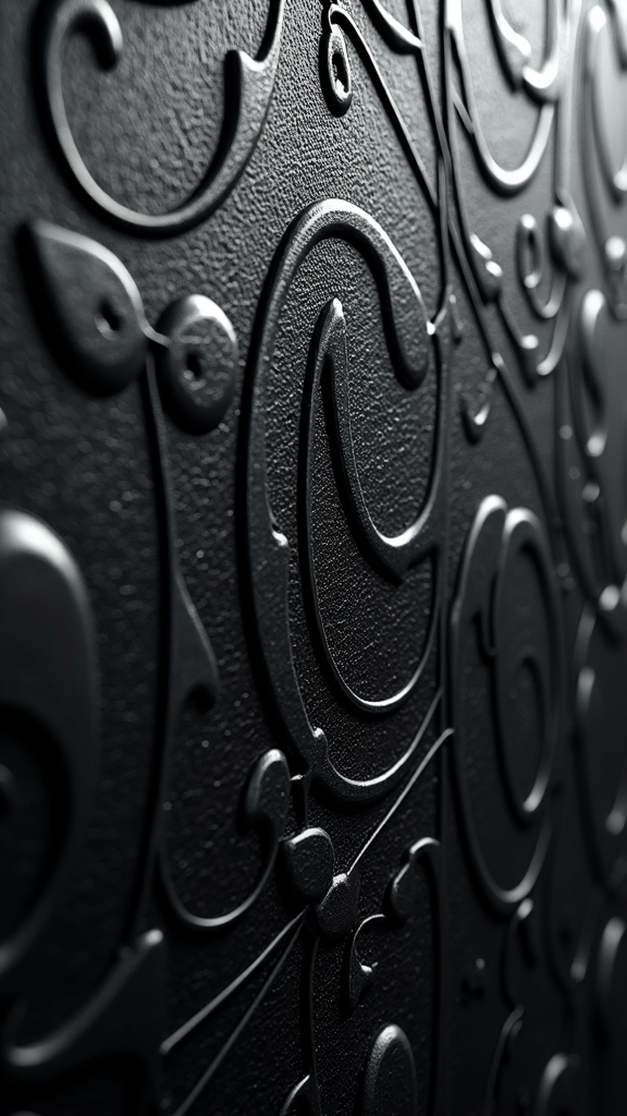 The image shows a close up of a black door with a decorative pattern on it. The pattern is intricate and detailed, with swirls and curves that create a unique and eye-catching design. The door itself is made of a glossy black material, giving it a sleek and modern look.