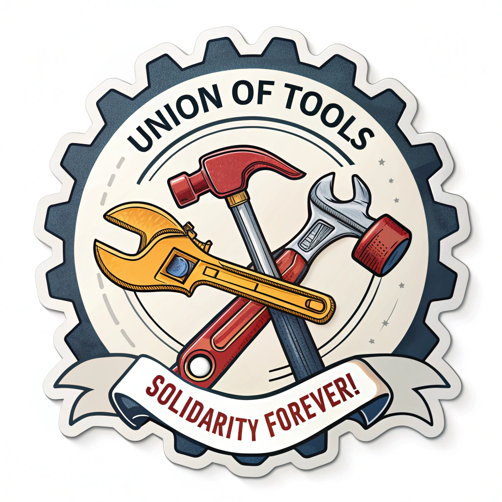 Union of Tools: Illustrate solidarity with a design featuring classic labor tools (e.g., hammer, wrench, gear) interlocked or forming a cohesive emblem. The slogan 'Solidarity Forever!' prominently displayed, with 'May Day Protest' as context.