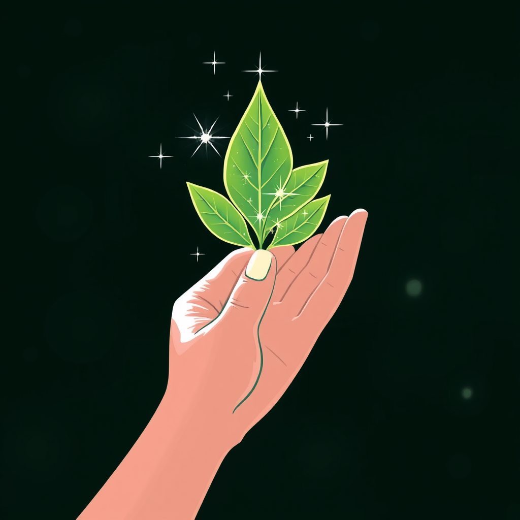 A hand holding a leaf, with cleaning sparkles emanating from the leaf.