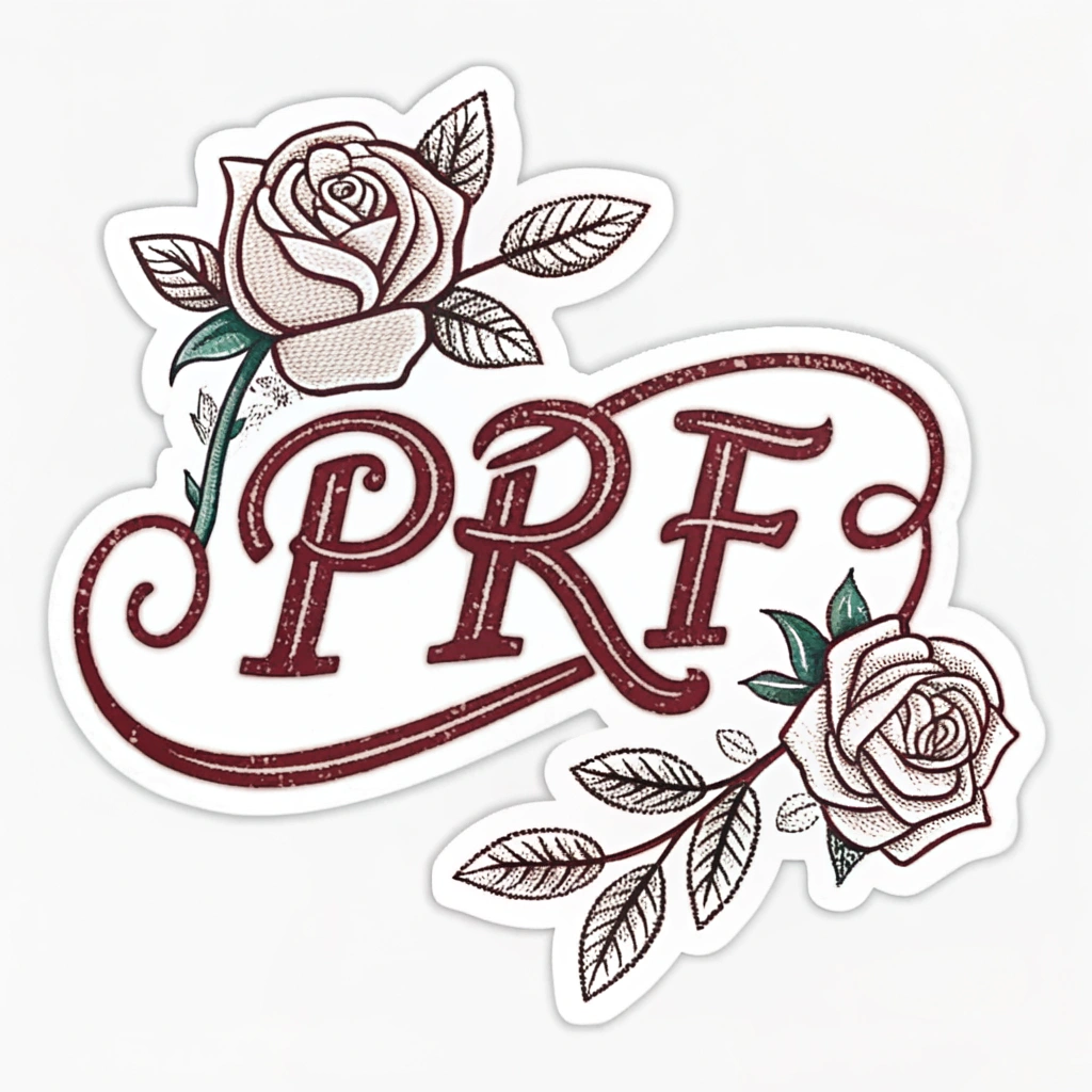 Simple Logo Idea: The initials 'PRF' creatively intertwined with a minimalist rose silhouette, utilizing a vintage script_or_serif font from the mid-20th century, enclosed in a subtle badge or shield shape.