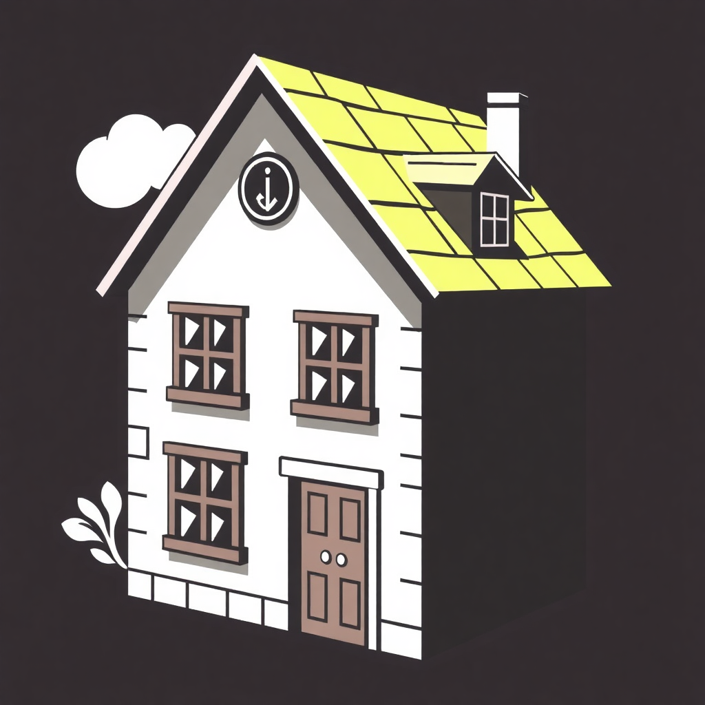 The image is a digital illustration of a small house. The house is white with a yellow roof and has a chimney on the right side. There are three windows on the front of the house, each with a brown door. Above the windows, there is a small clock with an arrow pointing to the right. The background is black, and there are two white clouds on the left side of the image. The overall style of the illustration is simple and cartoon-like.