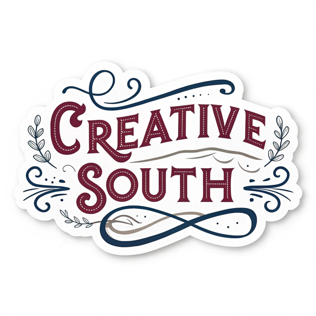 A sticker with a bold typography design that spells out 'Creative South' in a classic Southern font, such as a script or serif typeface.