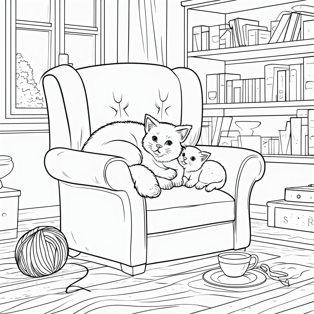 A mother cat curled up with her kittens in a cozy, oversized armchair by a window. Add elements like a ball of yarn, a spilled teacup (mother's), and a bookshelf in the background for a homely feel.