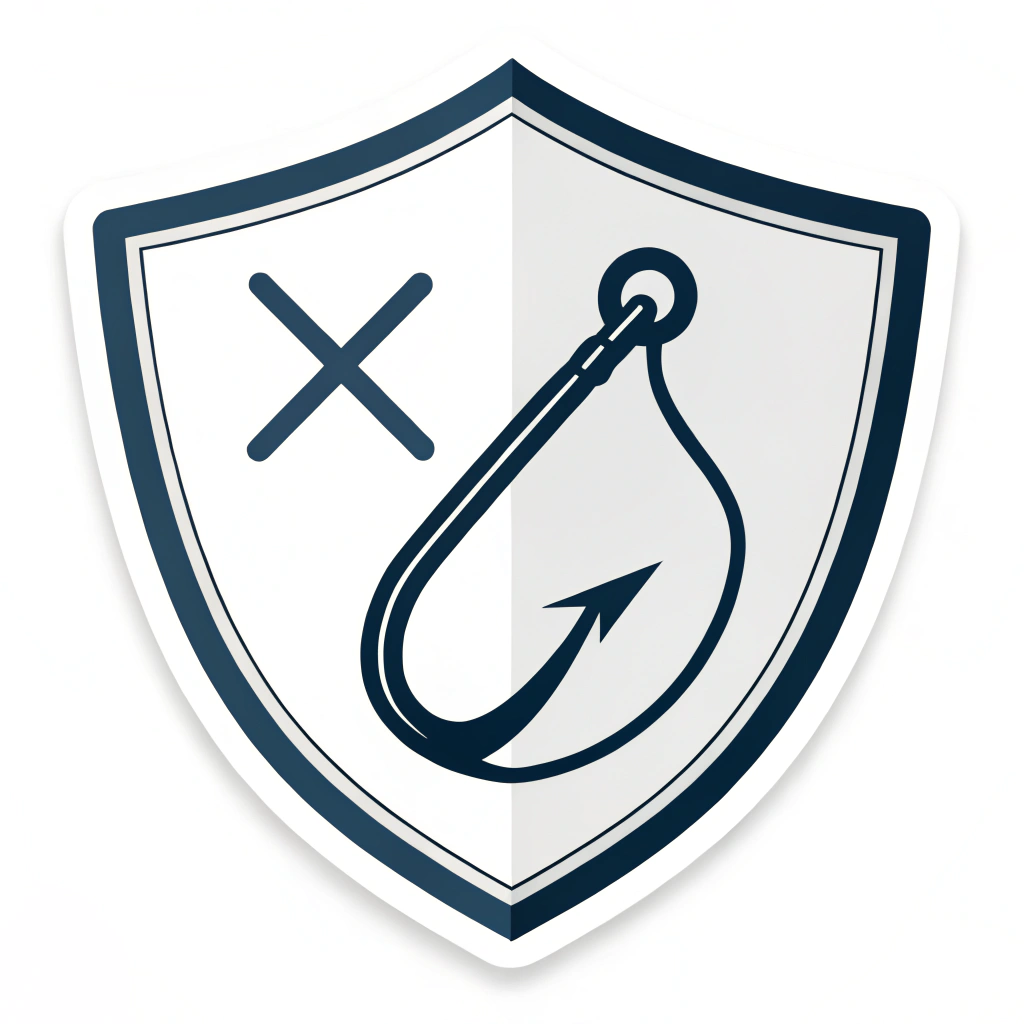 Simple Logo Idea: A shield outline containing a simplified fishing hook. The hook's line forms a subtle 'X' across the shield, representing protection and cancellation of the threat.