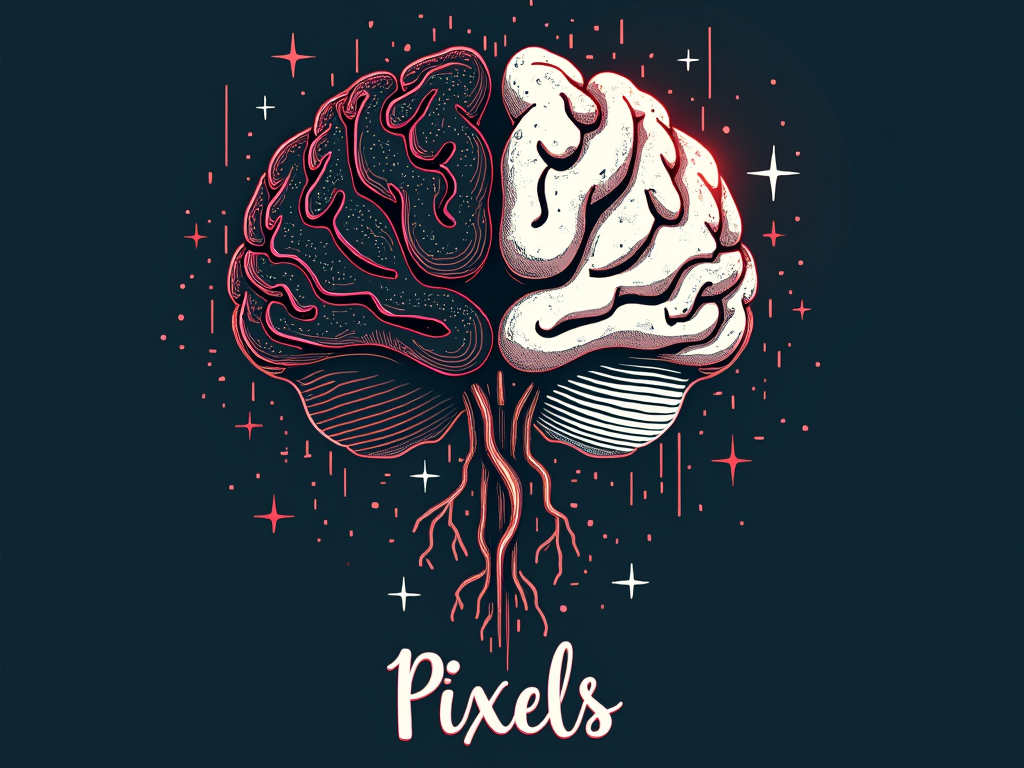 An illustration of a stylized brain with two distinct hemispheres: one depicted with circuit patterns and glowing digital lines for 'Pixels,' and the other with organic, sketch-like lines representing 'Pencils.' Neural connections could bridge the two, with the slogan placed underneath.
