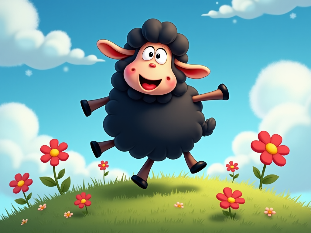 The image shows a cartoon black sheep jumping in the air with a big smile on its face, surrounded by lush green grass and colorful flowers. The sky in the background is filled with white fluffy clouds.