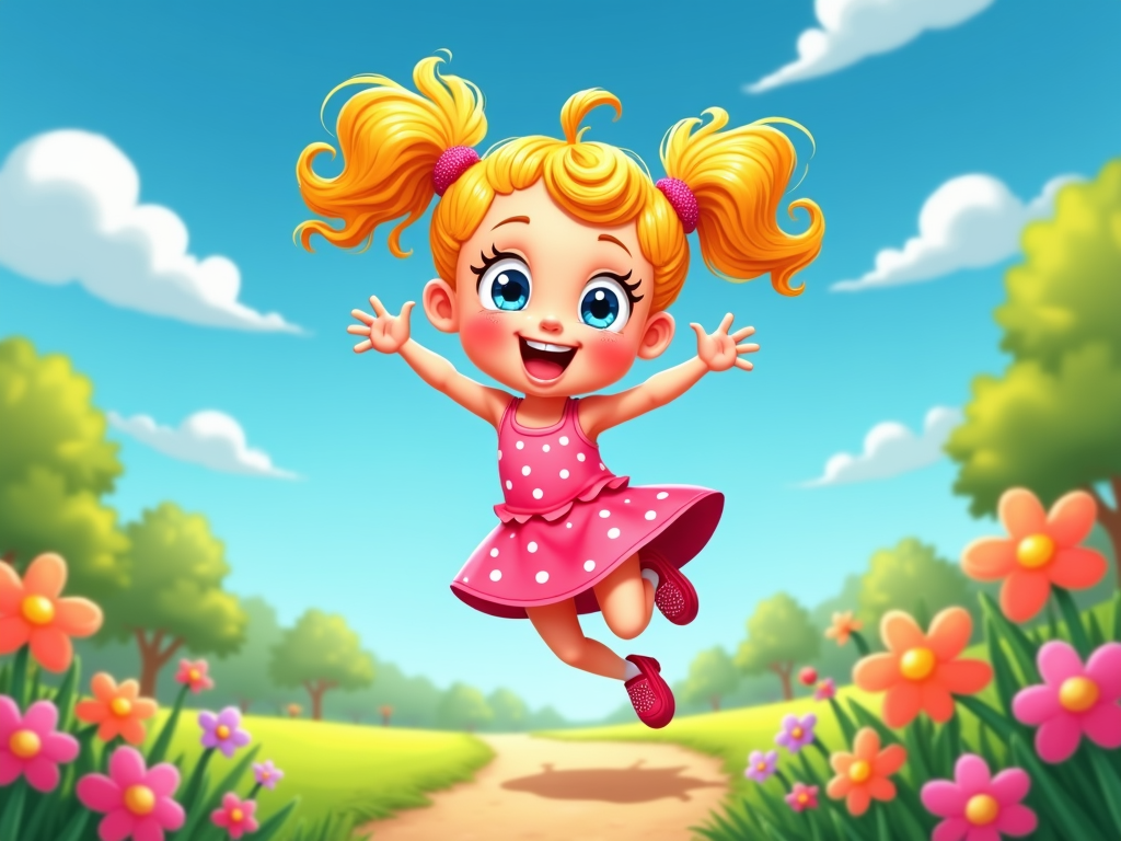 The image is a digital illustration of a cute little girl with blonde hair and blue eyes. She is wearing a pink dress with white polka dots and red shoes. The girl is in mid-air, with her arms stretched out to the sides and a big smile on her face. She has two pink bows in her hair and is wearing red sneakers. The background is a green field with pink and orange flowers and trees. The sky is blue with white clouds. The overall mood of the image is cheerful and playful.