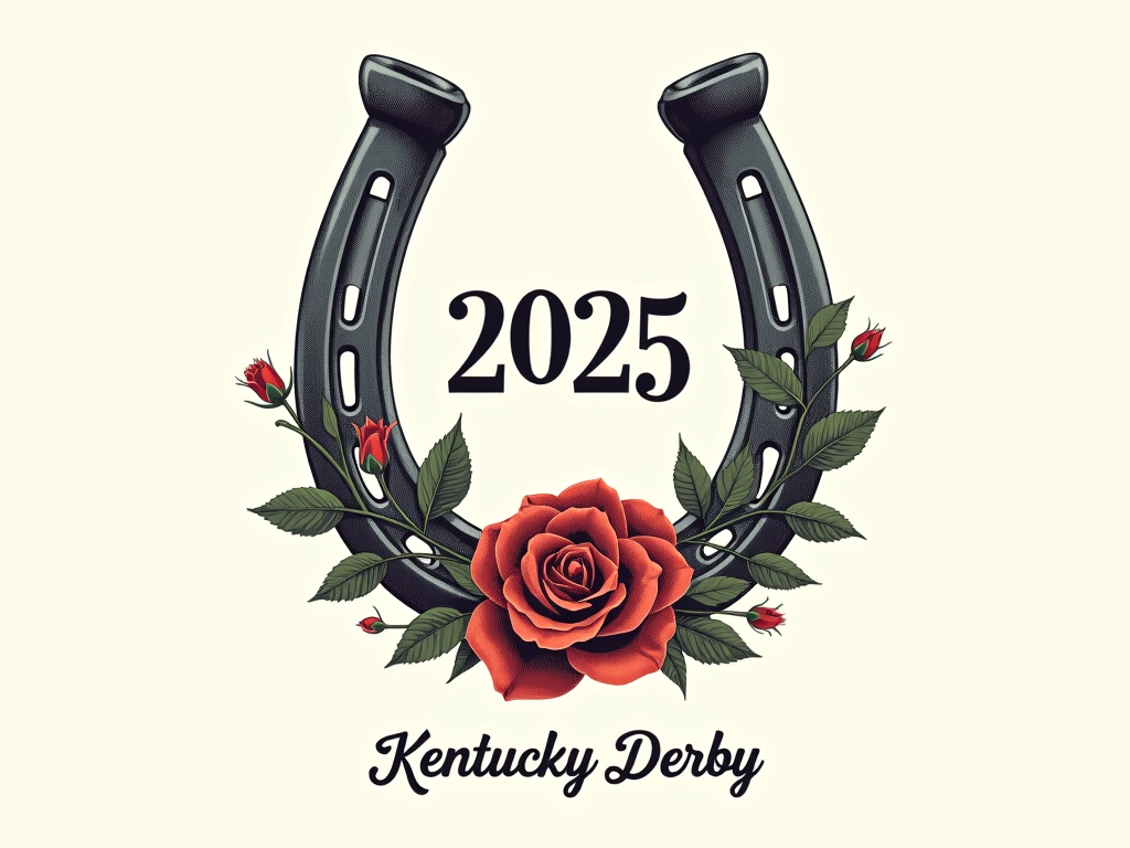 Simple Logo Idea: The year '2025' prominently displayed within a classic horseshoe shape, accented by a stylized rose and 'Kentucky Derby' text.