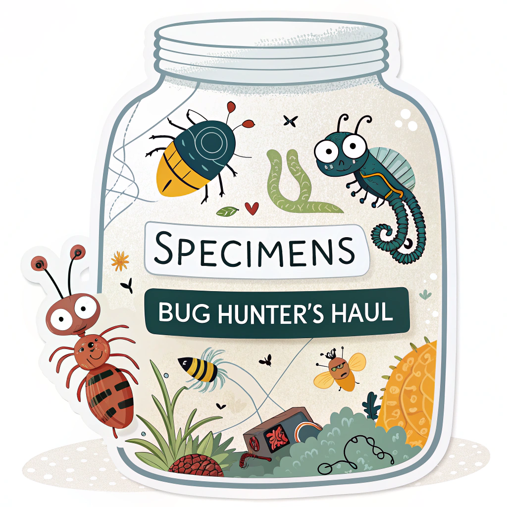 Bug Collector's Jar: A sticker designed like a mason jar labeled 'Specimens' or 'Bug Hunter's Haul', filled with various cartoonish digital bugs (e.g., a glitchy worm, a circuit-legged spider, a pixelated beetle) floating inside.