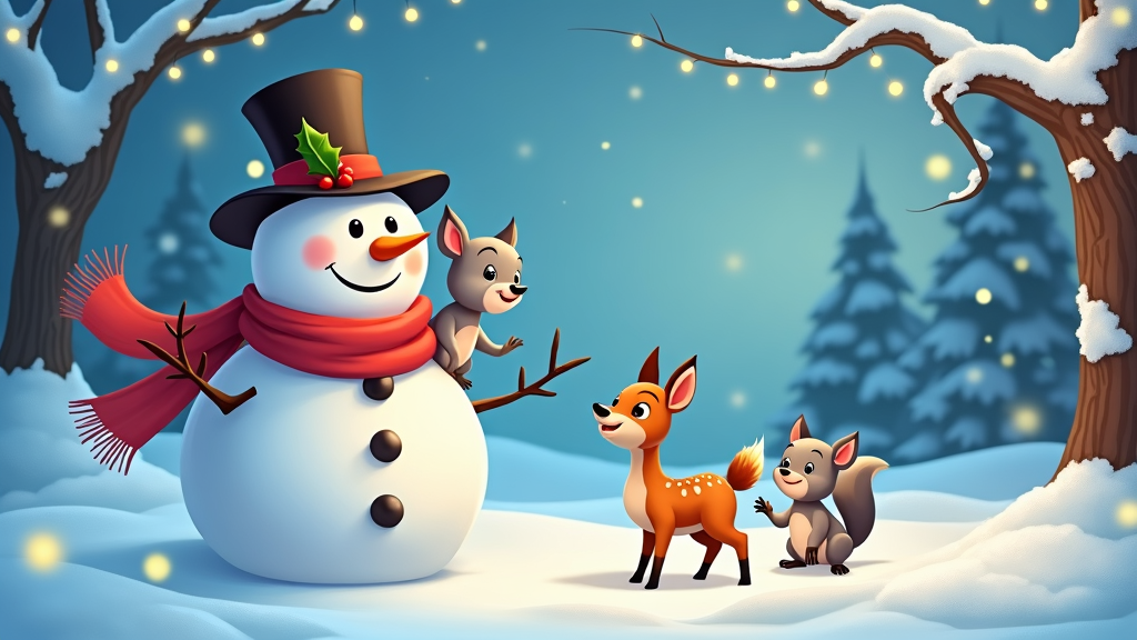 The image shows a snowman with a hat and scarf standing in the snow next to a group of animals. The snowman is surrounded by a wintery landscape with trees covered in snow and lights twinkling in the background. The image is animated, giving it a festive feel.