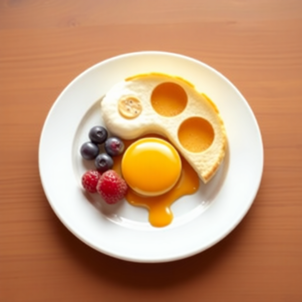  a white plate with a breakfast dish on it. On the plate, there is a slice of toast with a fried egg on top. The toast is golden brown and appears to be freshly cooked. Next to the toast, there are a few fresh berries - blueberries, raspberries, and blackberries - arranged in a circular pattern. The egg is cooked sunny-side up and is oozing out of the plate. The plate is sitting on a wooden table.