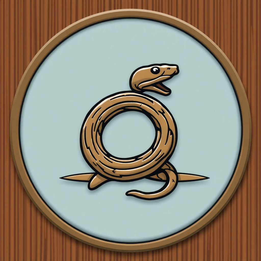 The image is a circular illustration of a snake in a light blue background. The snake is in the center of the image, with its body facing towards the right side of the frame. It has a long, slender body with a pointed head and a pointed tail. Its eyes are large and round, and its mouth is open, as if it is snarling. The body of the snake is a light brown color, and it appears to be coiled up in a way that it is facing upwards. The background is a wooden texture, giving the image a rustic and natural feel.