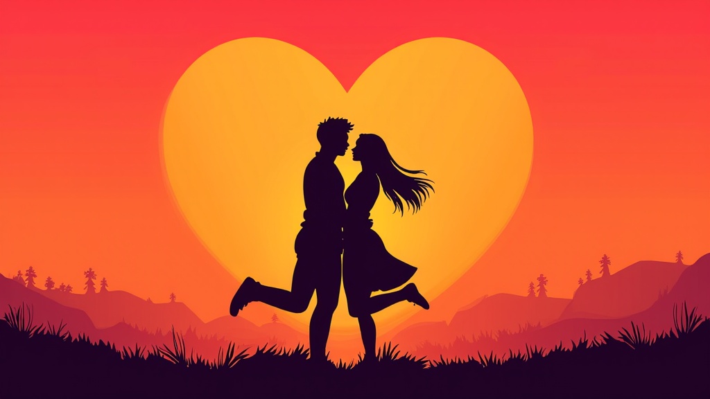 Silhouette of a couple against a heart-shaped sunset.