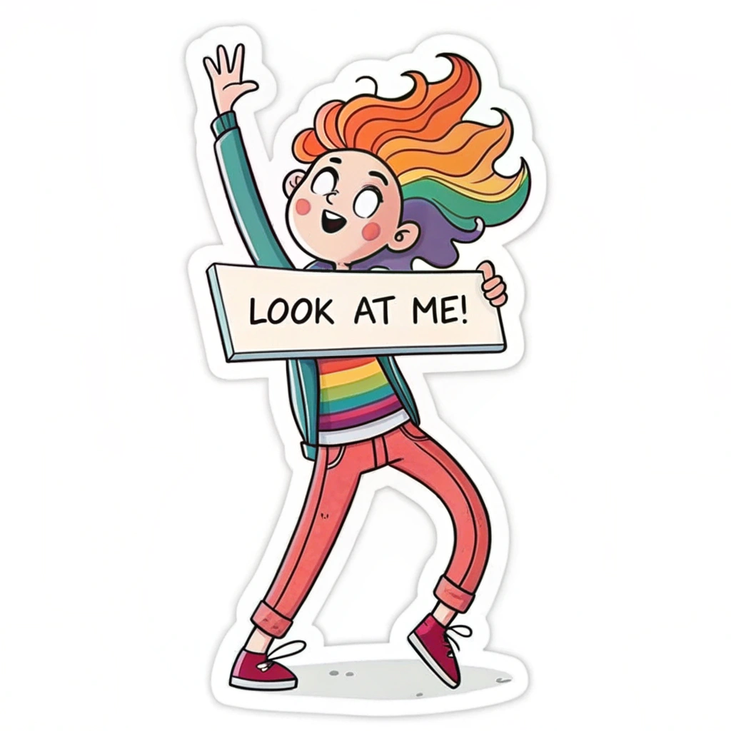 The image shows a cartoon sticker of a girl holding a sign that reads 