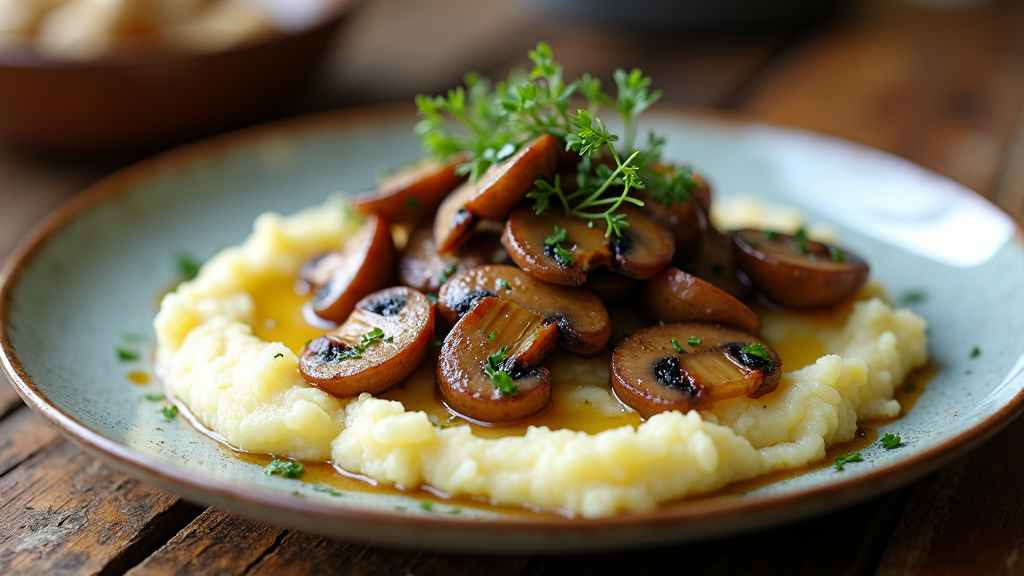 Mashed potatoes plated with sauteed mushrooms and herbs, artistically arranged to create an earthy and gourmet culinary experience.