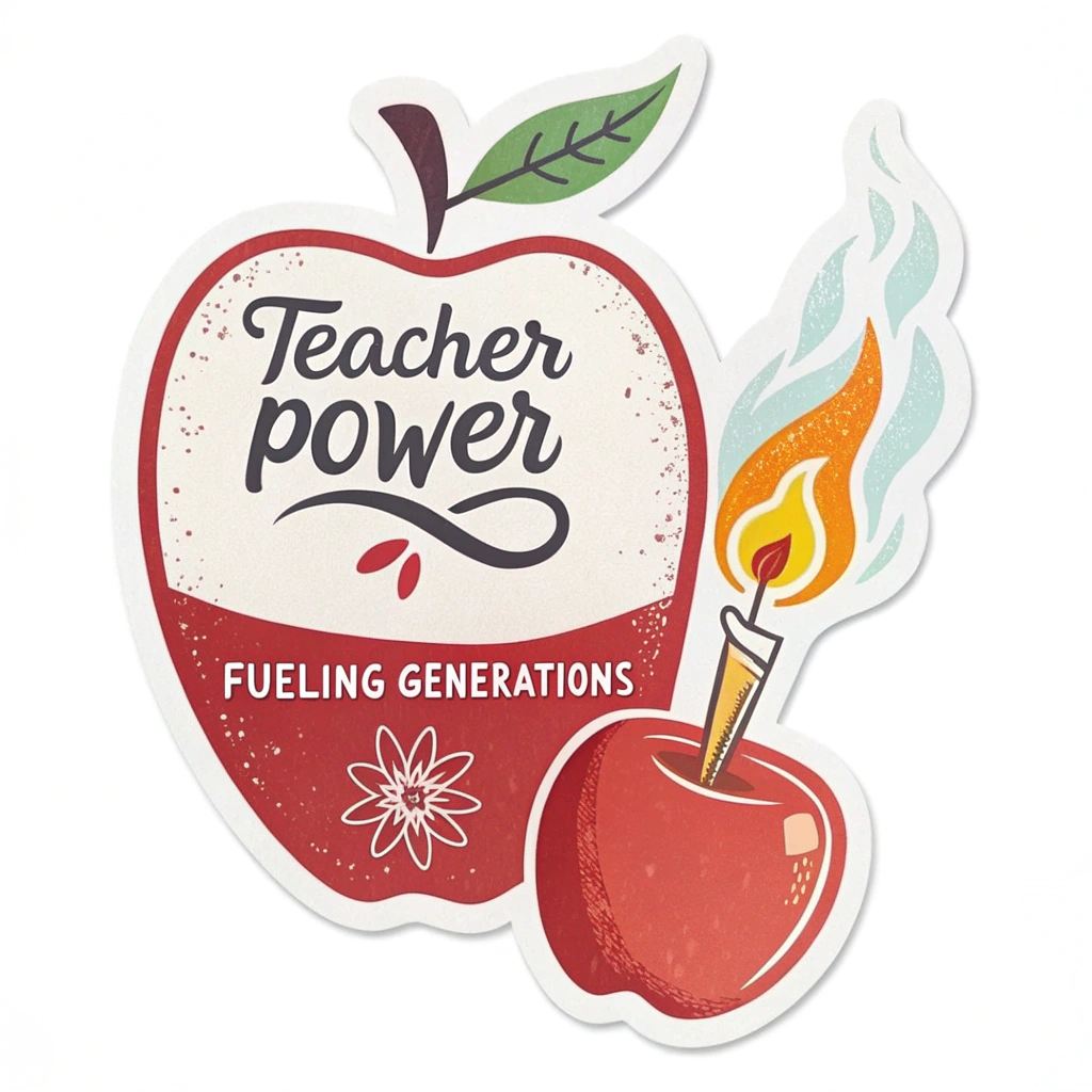 Simple Icon Idea for Sticker: A stylized apple, a classic symbol for teachers, with a small, energetic flame or spark graphic subtly integrated within or at its stem. This visually represents 'Teacher Power' (the spark/flame) 'Fueling Generations' (the nurturing apple).