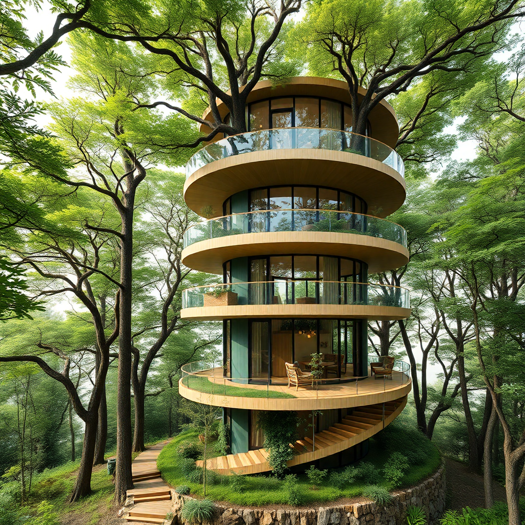 A home with a spiral design that starts from the ground level with a miniature circular forest and goes up and outwards into a larger forest. The upper levels would have large, open balconies that overlook the growing tree tops. The building would be made with sustainable materials.