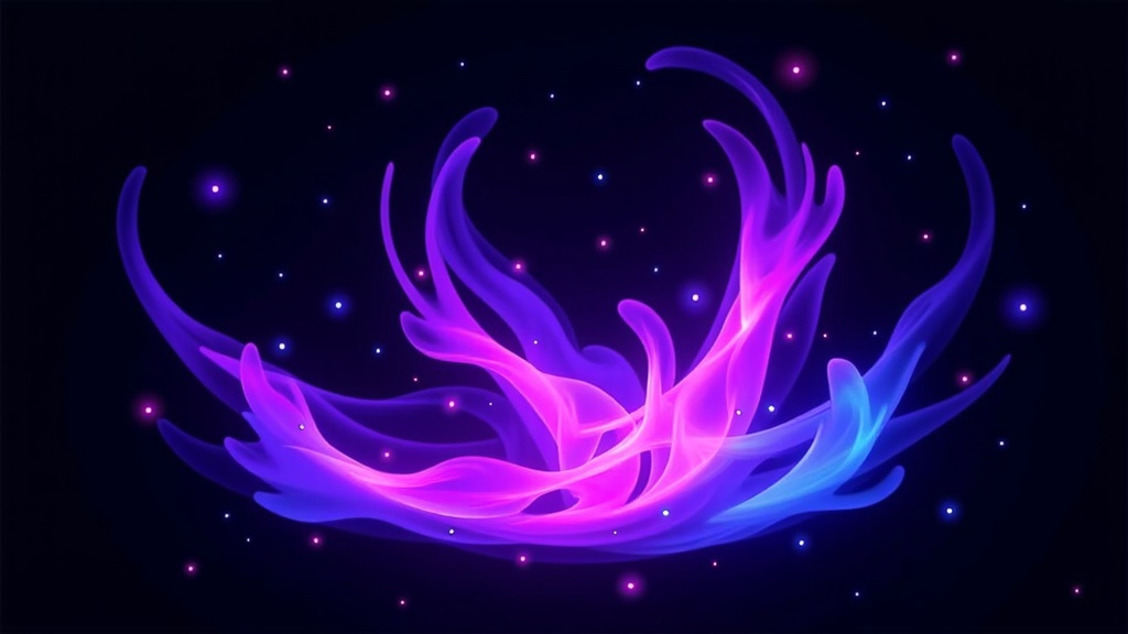 The image is an abstract digital art piece with a black background. In the center of the image, there is a large, curved, pink and blue wave-like shape that appears to be floating in the air. The wave is made up of multiple layers of different shades of pink, blue, and purple, creating a gradient effect. The colors are vibrant and fluid, with the pink being the dominant color and the blue being a lighter shade. The waves are curved and have a sense of movement and energy. The background is black, with small white dots scattered throughout, giving the image a starry night sky. The overall effect is one of energy and movement.