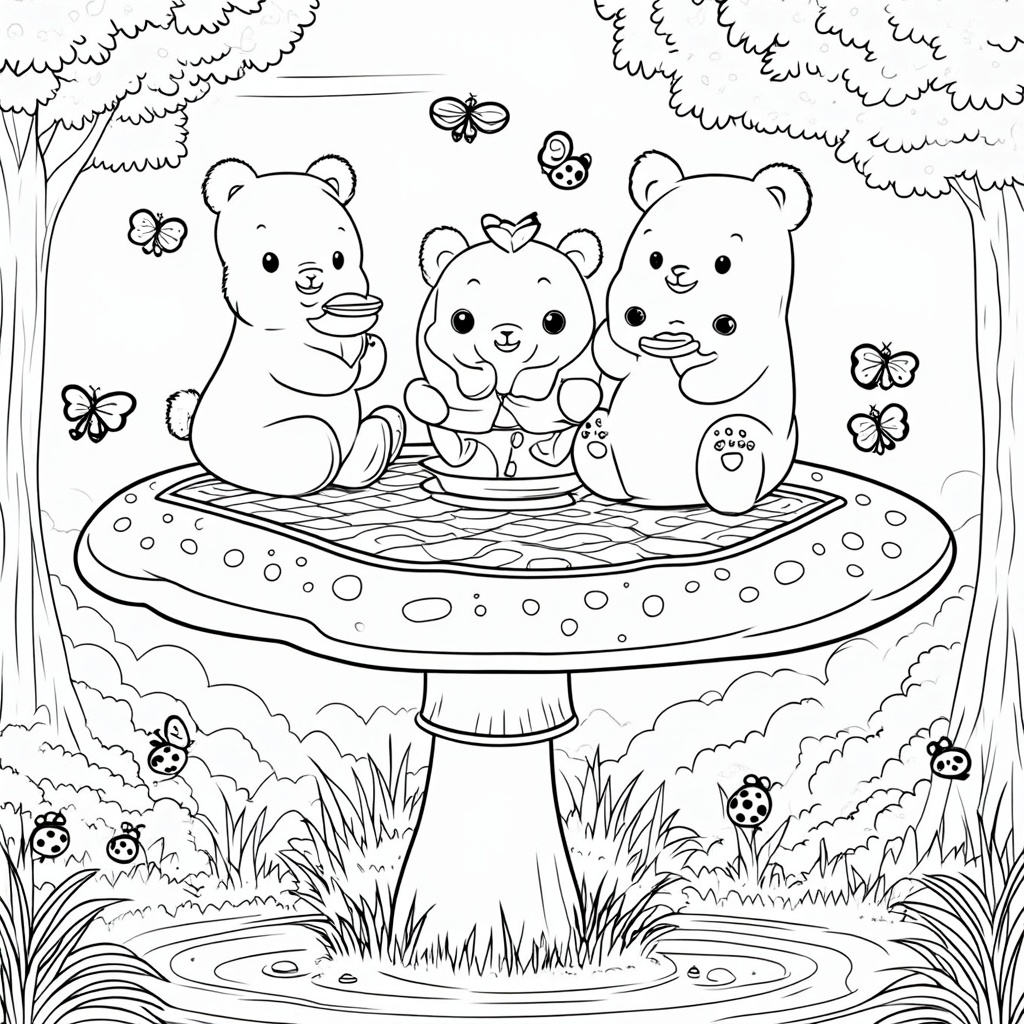 Gummy bears having a picnic on a giant mushroom top, surrounded by curious ladybugs and butterflies, with a backdrop of a sunny forest.