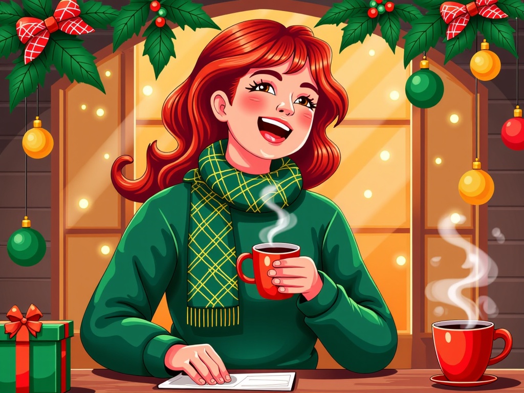  a young woman sitting at a table with a cup of coffee in her hand. She is wearing a green sweater and a yellow scarf around her neck. She has long red hair and is smiling widely. On the table in front of her, there is a gift box and a red coffee cup with steam rising from it. The background is decorated with Christmas ornaments and holly leaves. The overall mood of the image is cheerful and festive.