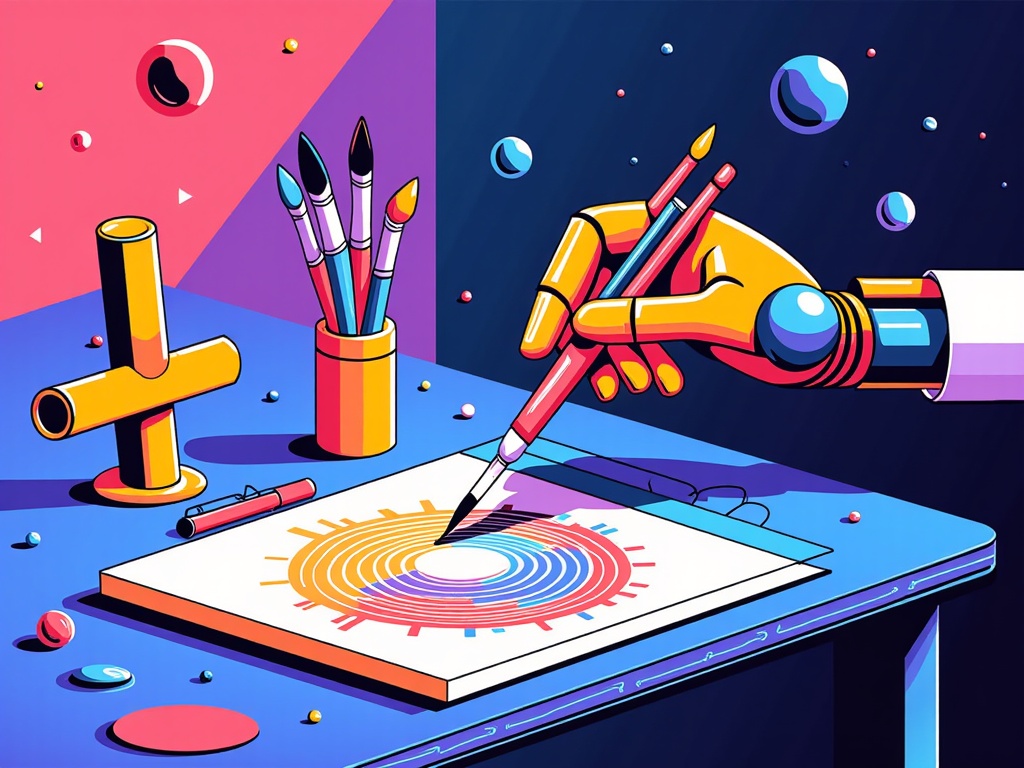 A simple illustration could be a robotic hand holding a paintbrush or a stylus, drawing a complex image on a digital canvas, symbolizing AI's creative capability.