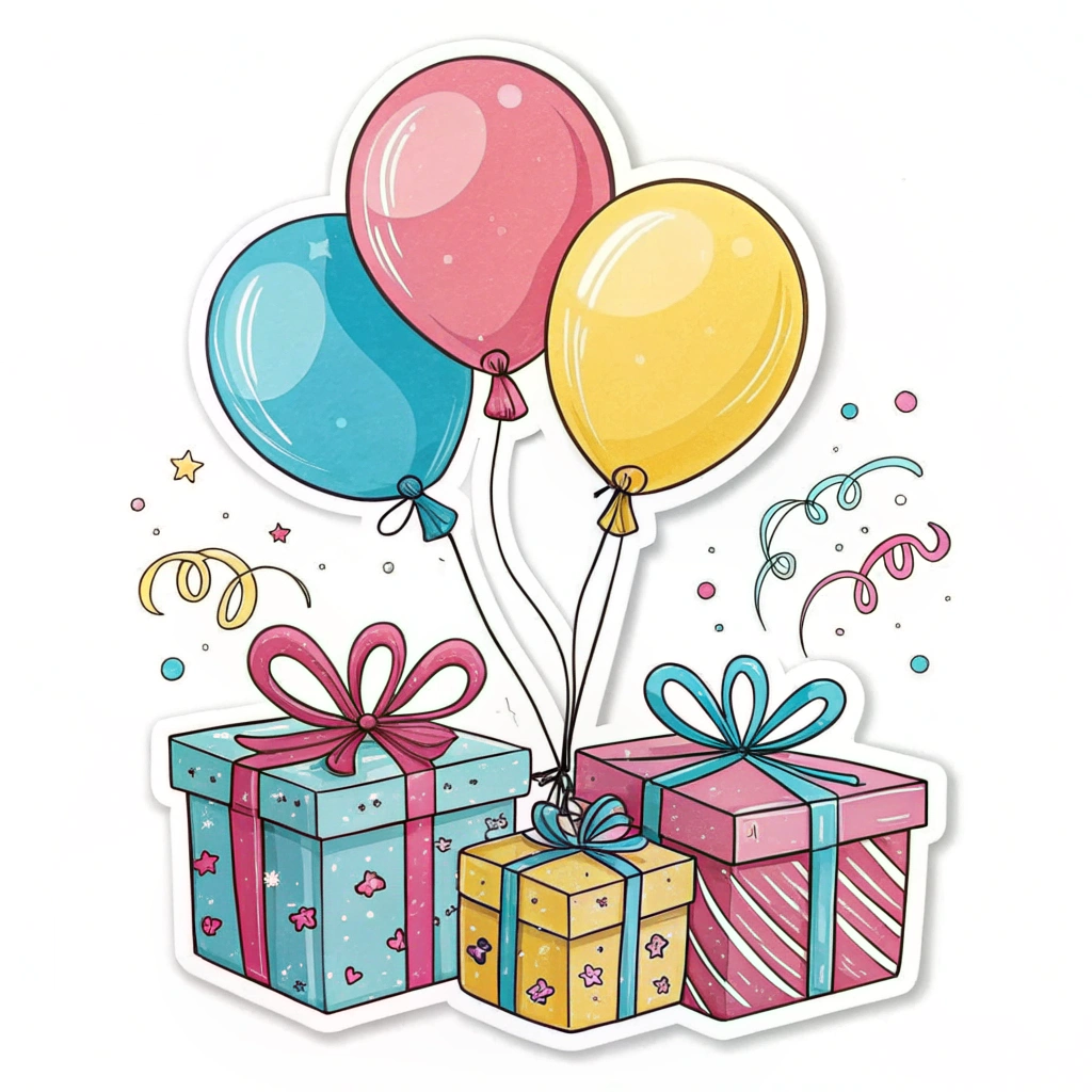 A sticker with colorful balloons and gift boxes.