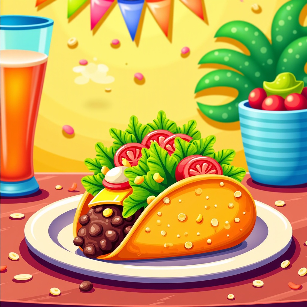  a colorful table setting with a taco and a glass of beer. The taco is on a white plate with a blue rim and is filled with black beans, lettuce, tomatoes, and other vegetables. There is also a small bowl of cherries on the right side of the plate. The background is a yellow wall with colorful bunting flags hanging from it. The overall theme of the image is Mexican food and drink.