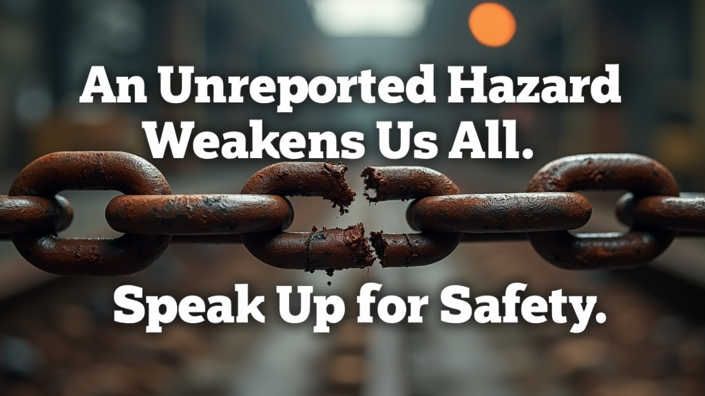 Idea 2: Utilize a visual metaphor of a weak link in a chain, representing an unreported hazard, about to break. Slogan: 'An Unreported Hazard Weakens Us All. Speak Up for Safety.'